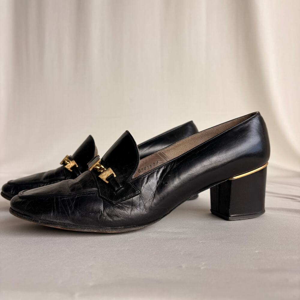 Vintage Saks Fifth Ave Black Leather Heeled Loafers - Block Heel, Square Toe